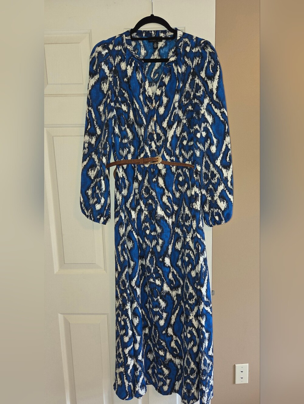 Blue and White Printed Long-Sleeve Maxi Dress